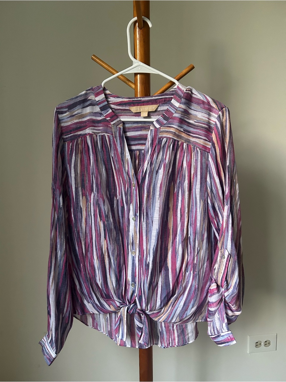 Striped Tie-Front Button-Down Blouse in Purple and Pink